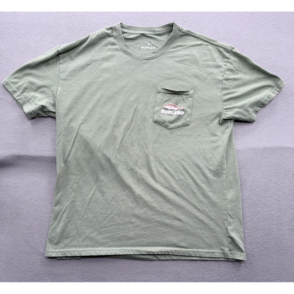 Burlebo Shirt Mens XL Green Pocket Fish Camo Back Graphic Tee Tagless Fishing
